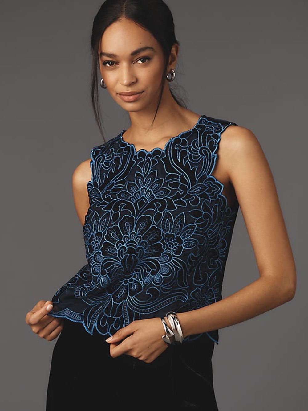 Anthropologie XXS Navy Blue Embroidered Velvet Sleeveless Floral Lace Tank Top